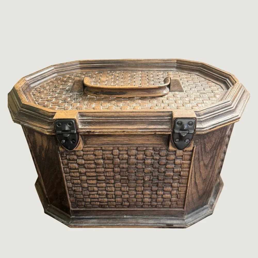 Vintage Lerner Faux Wood Wicker Large Sewing Storage Basket